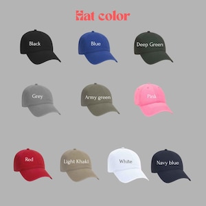 May include: A collection of baseball caps in various colors, including black, blue, deep green, grey, army green, pink, red, light khaki, white, and navy blue. The text "Hat color" is displayed at the top.