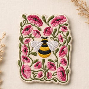 Custom Floral Bee Embroidered Iron On Patch, Bumblebee Flower Applique for Jacket Vest Backpack Garden Gift