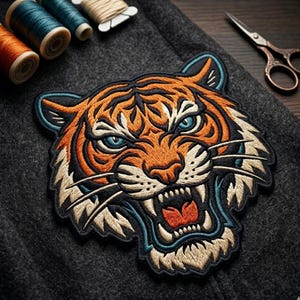 May include: Embroidered tiger patch with orange, black, and white details, featuring blue eyes and an open mouth. The patch is on a dark gray fabric, with spools of thread and scissors in the background.