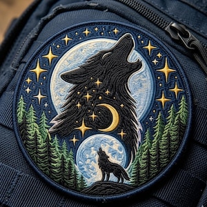 May include: Embroidered patch featuring a howling wolf against a full moon, surrounded by stars and pine trees. The patch is circular with a dark blue border and is attached to a navy blue backpack. The design includes a crescent moon and a smaller wolf.