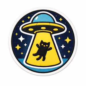 May include: Embroidered patch featuring a black cat being beamed up by a yellow UFO. The UFO has a blue top and is set against a dark blue background with yellow and white stars. The patch has a white border.