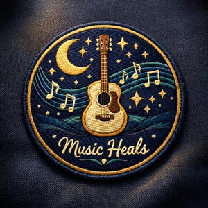 May include: Embroidered patch featuring a guitar, musical notes, a crescent moon, and stars on a navy blue background. The text "Music Heals" is written in a script font. The patch has a gold border.