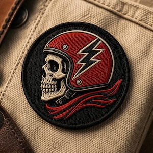 May include: Embroidered patch featuring a skull wearing a red motorcycle helmet with a white lightning bolt design. The patch is circular with a black border and red accents, set against a tan fabric background.