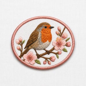 May include: Embroidered patch featuring a detailed robin perched on a flowering branch. The bird has brown and orange plumage, with a light grey breast. The patch is oval, with a pink border and a white background.