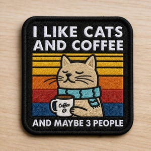 May include: Black, square patch with the text "I LIKE CATS AND COFFEE AND MAYBE 3 PEOPLE." A cartoon cat wearing a blue scarf holds a coffee mug. The background has horizontal stripes of orange, yellow, red, and blue.
