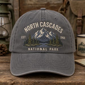 Custom North Cascades National Park Embroidered Hat, Mountain Forest Scenic Cap for Hiking Outdoor Adventure