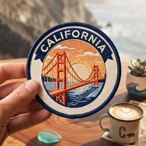 Embroidered Patch California Bridge Travel Souvenir, Iron On Sew On Hook and Loop, Coastal Landmark Backpack Jacket Applique