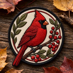 May include: Embroidered patch featuring a vibrant red cardinal bird perched on a branch with red berries and green leaves. The bird is set against a cream-colored background within a circular frame with a black border. Autumn-themed patch.