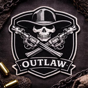 Custom Outlaw Skull Embroidered Patch Western Biker Style Iron On Badge for Jacket Backpack Vest Edgy Gothic Design