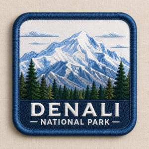 May include: Embroidered patch featuring a mountain scene with a snow-capped peak, evergreen trees, and clouds. The patch has a navy blue border and the words "DENALI - NATIONAL PARK" in white.