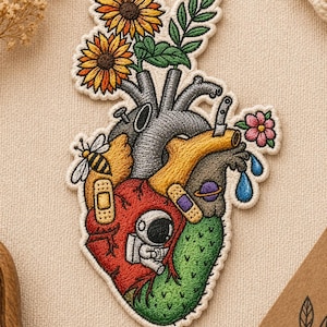May include: Embroidered patch in the shape of a human heart, featuring sunflowers, a bee, and a cactus. The heart is gray, red, and green, with yellow and blue accents. Includes a small astronaut and band-aids.
