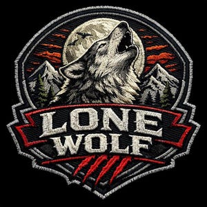 May include: Embroidered patch depicting a howling wolf under a full moon and mountains. The patch reads "LONE WOLF" in white, with red claw marks below. The design is set on a black background, suitable for jackets or bags.