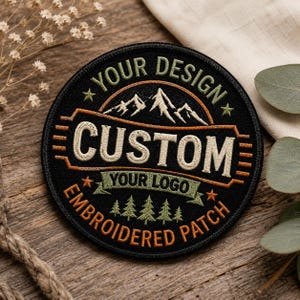 May include: A circular black embroidered patch featuring a mountain range graphic at the top, the text "YOUR DESIGN" in olive green, "CUSTOM" in cream, "YOUR LOGO" in olive green, and "EMBROIDERED PATCH" in orange, with small pine trees.