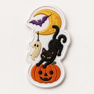 Custom Black Cat Halloween Embroidered Iron On Patch, Pumpkin Ghost Crescent Moon Spooky Applique for Jacket Backpack