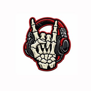 May include: Embroidered patch featuring a skeleton hand making the rock and roll hand gesture. The hand is wearing headphones with red accents. The patch has a black border and is on a white background.