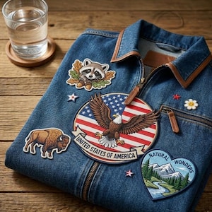 May include: Blue denim jacket with brown leather trim and zipper. The jacket is decorated with embroidered patches including a raccoon, a bison, an eagle with an American flag, and a heart-shaped patch with a mountain scene. A glass of water sits nearby.