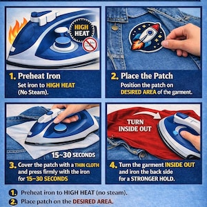 May include: Illustrated guide on how to apply an iron-on patch. Instructions include preheating the iron, placing the patch, covering with a cloth, and ironing for 15-30 seconds. The guide also shows turning the garment inside out.