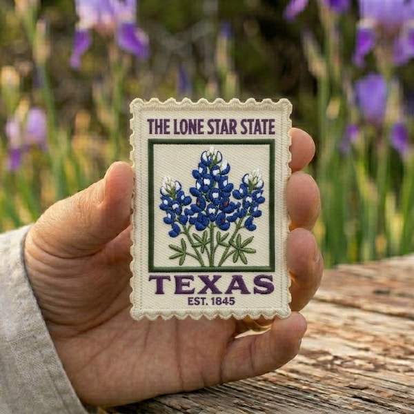 Custom Embroidered Texas State Flower Patch Bluebonnet Vintage Stamp Style USA Iron On Patch Travel Souvenir Gift