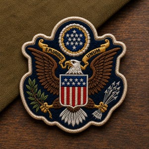 May include: Embroidered patch featuring the Great Seal of the United States. The design includes a bald eagle, shield, stars, and the text "E Pluribus Unum" on a gold banner. The patch has a navy blue background with brown and white details.