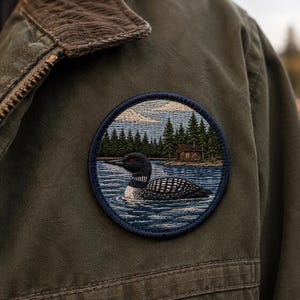 May include: Circular embroidered patch depicting a loon on a lake with a cabin and pine trees. The patch has a dark blue border and is attached to an olive green jacket. The scene evokes a tranquil lakeside setting.