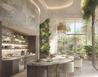 Puede incluir: Una imagen de diseño de interiores de una cocina moderna con una gran isla y asientos de bar. La cocina cuenta con gabinetes de madera oscura, una encimera de piedra y un jardín vertical. El texto "Art N Design By Lily" es visible.