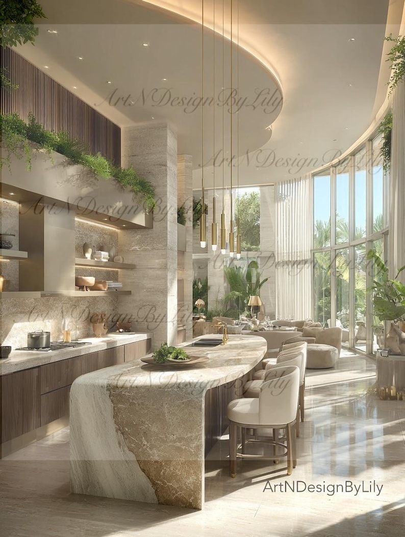 Biophilic Kitchen Art: Modern Interior Design, Neutral Palette (digital ...