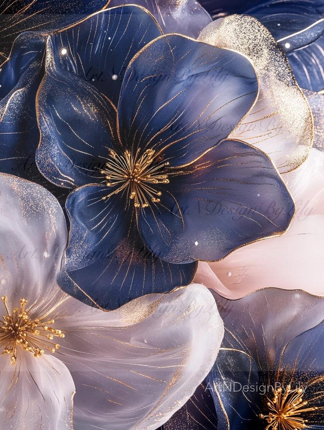 Luxury Blue and Gold Flower Art Print – Digital Download for Modern ...