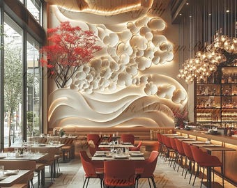 Modern Luxury Restaurant Interior with Sculptural Wall Art and Warm Lighting (2 Images + 1 Moodboard)
