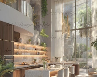 Biophilic Kitchen Art: Modern Interior Design, Neutral Palette (Digital Download, 3 Images)