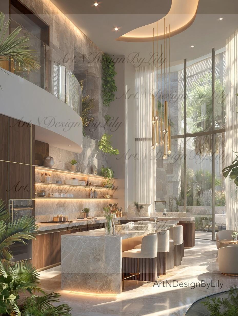 Biophilic Kitchen Art: Modern Interior Design, Neutral Palette (digital ...