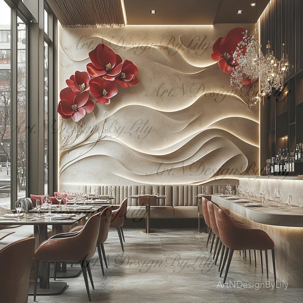 Modern Luxury Restaurant Interior With Sculptural Wall Art and Warm ...