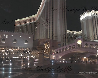 Las Vegas Night Photography - Rainy Venetian Bridge Digital Download - Moody Strip Lights Wall Art Print