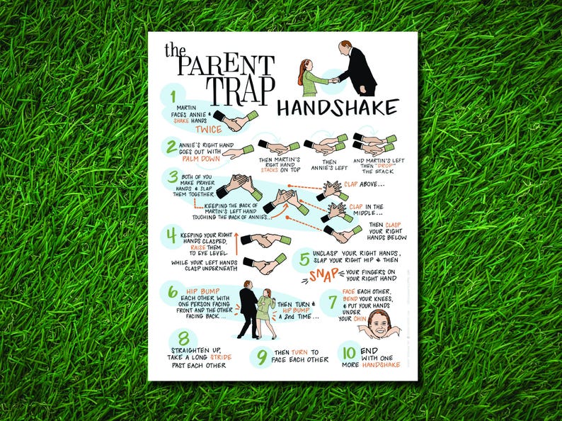 May include: A white poster with the title "The Parent Trap Handshake" and illustrated instructions for a handshake. The steps are numbered and include diagrams of hands and figures. The background is green.
