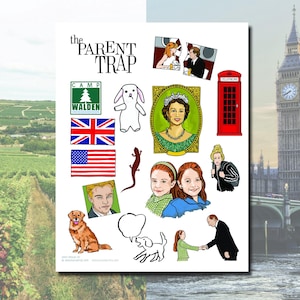 Könnte beinhalten: Eine Collage aus Illustrationen und Bildern, darunter der Text "the PARENT TRAP", eine britische Flagge, eine amerikanische Flagge, eine rote Telefonzelle und ein Porträt einer Frau in einem goldenen Rahmen. Im Hintergrund ein Weinberg und Big Ben.