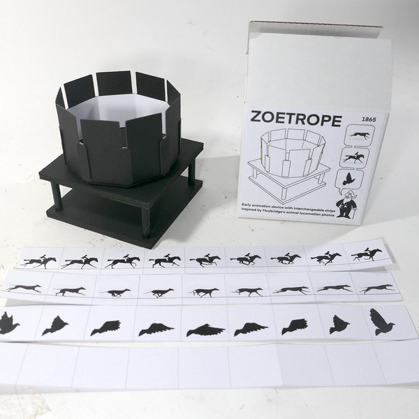 Zoetrope-  animation device with HORSE, DOG & BIRD sequences inspired by Muybridge's photos + blank strips to make your own animation!