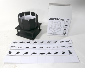 Zoetrope-  animation device with HORSE, DOG & BIRD sequences inspired by Muybridge's photos