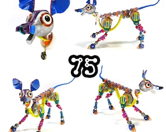Whibbit!  A replica of a 'Whibbits' stop-motion dog puppet made from repurposed materials. Each 'Mix' edition model has unique colour combo!