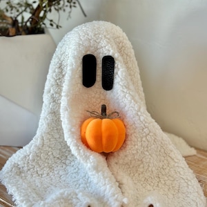 May include: A white fluffy ghost holding an orange pumpkin. The ghost has two black eyes.