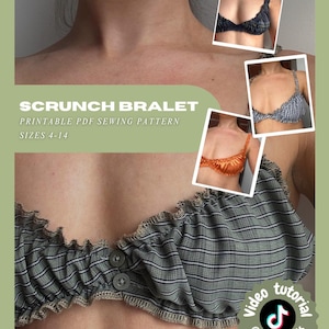 Op de afbeelding: Een printbaar PDF-naaipatroon voor een geplooide bralette in de maten 4-14. De afbeelding toont een groen en zwart gestreepte bralette met een gerimpelde rand en twee knopen, naast kleinere foto's van bralettes in ruitjes, vichy en oranje.