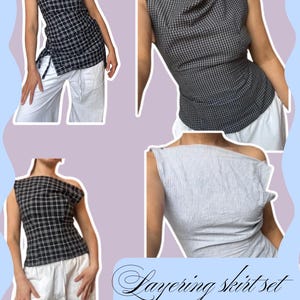 May include: A collage of four tops, each with a unique design. Two tops feature a black and white plaid pattern, one with an asymmetrical design. The other two tops are striped, one in black and white, the other in blue and white. The text "Layering skirt set" is at the bottom.
