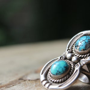 Vintage J.F. Signed Sterling and Turquoise Navajo Ring Two Stones Cabachon Plain Bezel Set SALE was 299