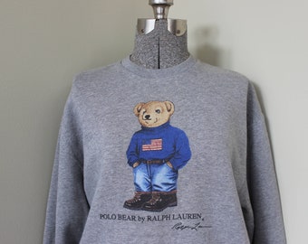 Polo Bear by Ralph Lauren Signature Bear Sweatshirt American Flag Jeans Hiking Boots Cotton Gray Polo Patriotic Teddy Bear XL