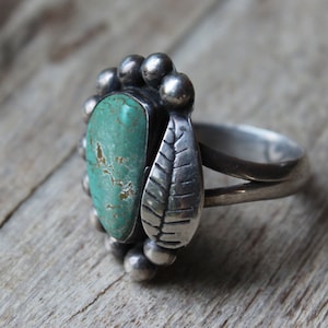 Vintage Old Pawn 925 Sterling Silver and Turquoise Ring Size 8 1/2 Signed Marked Southwestern Handmade Ring One of A Kind Statement Ring