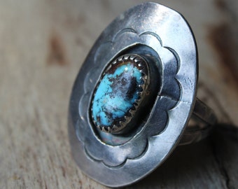 Vintage Sterling and Turquoise Ring Bezel Tooth Set Oval Concha Style Vintage Native American Jewelry SALE was 249 Vintage Turquiose Ring