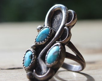 Vintage Sterling and Turquoise Ring Three Stones Silver and Turquoise Statement Ring Southwestern Art One of a Kind Ring Native American