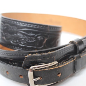 Black Leather Western Tooled Belt by Steerhide Size 40 Top Grain Bridle Silver Buckle New Old Stock Cowboy Belt Mens Black Belt