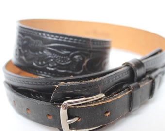 Black Leather Western Tooled Belt by Steerhide Size 40 Top Grain Bridle Silver Buckle New Old Stock Cowboy Belt Mens Black Belt