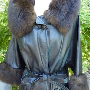 Vintage Leather Coat with Fur Collar and Cuffs Belted Black Leather Coat with Brown Fur Collar Dress Coat Formal Coat Cool Coat Fancy Coat