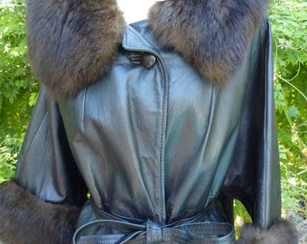 Vintage Leather Coat with Fur Collar and Cuffs Belted Black Leather Coat with Brown Fur Collar Dress Coat Formal Coat Cool Coat Fancy Coat