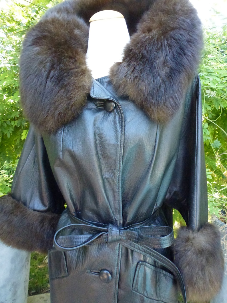 Vintage Leather Coat With Fur Collar and Cuffs Belted Black Leather